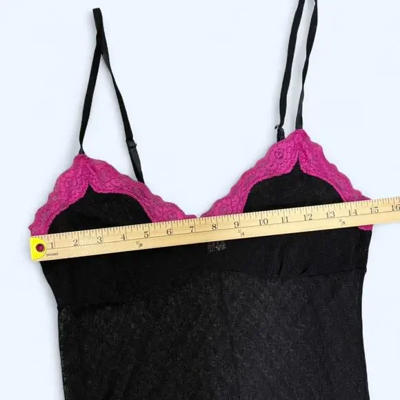 Y2K Candie’s Sheer Black Lace Slip Dress Sz L Pink Trim Lingerie Nightie - Picture 6 of 7